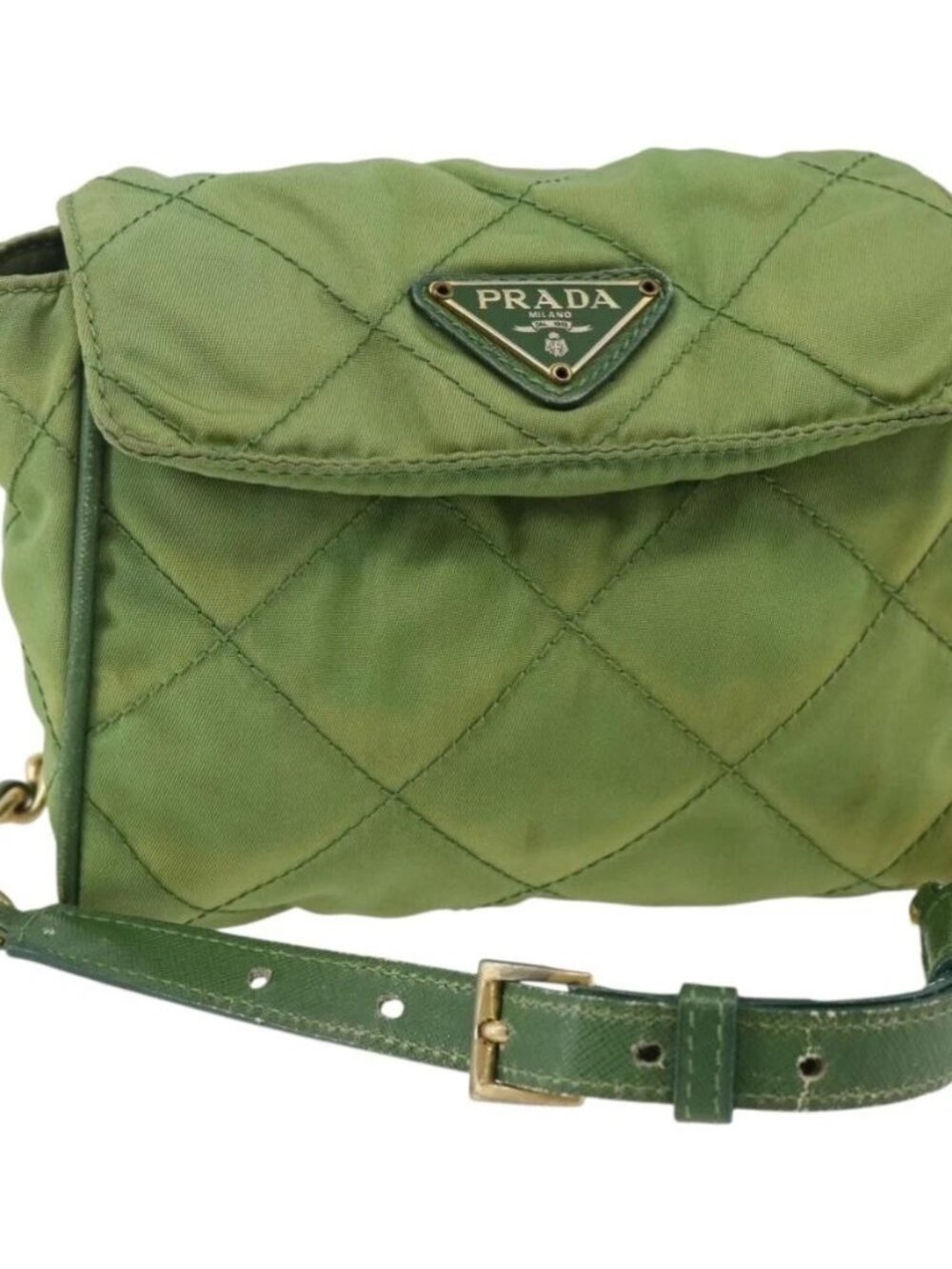 PRADA Chain Shoulder Bag Nylon Green Gold Auth bs34264